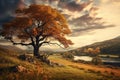 autumn landscape with a tree on the hillside