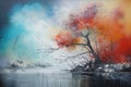 Autumn landscape with tree, lake and birds. Digital painting, Hand drawn oil painting on canvas and Abstract art background, AI Royalty Free Stock Photo