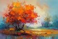 Autumn landscape with a tree. Painting in the style of abstract impressionistic oil painting. Royalty Free Stock Photo