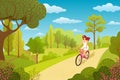 Woman cycling, fitness sport exercises. Person riding bicycle in forest park, enjoy healthy lifestyle. Girl ride by bicycle in par