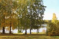 Autumn landscape with trees, forest and lake.