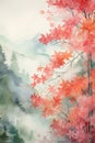 Autumn landscape with trees and mountains in fog. Vertical watercolor painting. Printable wall art Royalty Free Stock Photo