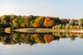 Autumn landscape. Trees are reflected in the water. Lake with calm water in the foreground. Idyllic picturesque nature