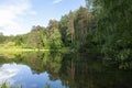 Autumn landscape. Trees reflection on calm blue water. Green forest reflected in lake. Blue background. Clear sky. Tranquil place Royalty Free Stock Photo