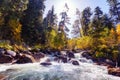 Autumn landscape with trees and river, Caucasus mountains Royalty Free Stock Photo