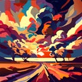 Autumn landscape with trees, road and clouds. Vector illustration. AI generated