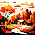 Autumn landscape with trees, road and houses. Vector illustration. Generative AI