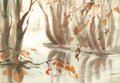 Autumn landscape with trees under the pond. Misty watercolor