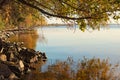 Autumn landscape. Trees with yellow leaves reflected in the Dnieper River near the Kyiv city, Ukraine