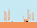 Autumn landscape vector concept with minimalistic design of cottage, cabin, house and a fox.