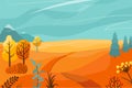 Autumn landscape vector illustration background. Fall panorama nature with abstract minimal trees, mountains, trail