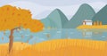 Autumn landscape vector illustration. Mountains, water and fields fall scenery.