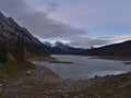 Autumn landscape with view of Medicine Lake in Jasper National Park, Alberta, Canada in the Rocky Mountains. Royalty Free Stock Photo