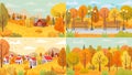 Autumn landscape, village, park, farm, forest. Country houses with yellow and orange trees and farm fields