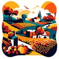 Autumn landscape with vineyards, hills and houses. Vector illustration AI generated Royalty Free Stock Photo