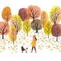 Autumn landscape. Watercolor vector illustration of autumn park and woman walking with a dog Royalty Free Stock Photo