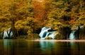 Autumn landscape with waterfalls on Pliva river near Jajce city. Bosnia and Herzegovina Royalty Free Stock Photo