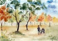 Autumn landscape with woman and baby carriage walking in the park. Hand drawn watercolor picture with paper texture Royalty Free Stock Photo