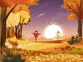 Autumn landscape wonderland fores,Mid autumn natural in orange foliage with ripe wheat fields and cute scarecrow in sunny day,