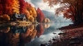 Autumn landscape. Wooden house on the bank of the lake. Royalty Free Stock Photo