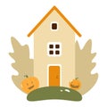 Autumn Landscape with Wooden House, Pumpkins, Leaves, Tree, Fruit and. Flat Design Style. Royalty Free Stock Photo