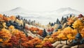 Autumn landscape yellow leaves, mountain peak, tranquil meadow, blue sky generated by AI Royalty Free Stock Photo