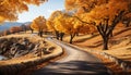Autumn landscape yellow leaves, mountain, tranquil road, vibrant colors generated by AI Royalty Free Stock Photo