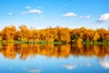 Autumn landscape, yellow leaves trees on river bank on blue sky and white clouds background on sunny day, reflection in water