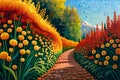 Autumn landscape with yellow and red flowers and road