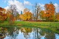 Autumn landscape with yellow and red trees reflected in the pond Royalty Free Stock Photo