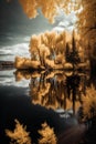 Autumn landscape with yellow trees and reflection on the lake in forest Royalty Free Stock Photo