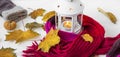 Autumn lantern decoration with woolen scarf, dried leaves, pumpkins