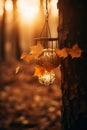 an autumn lantern hanging from a tree in the woods