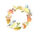 Autumn leaf, berries and Tomtit birds Frame isolated on a white background. Watercolor Bird BlueTit sitting on the