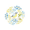 Autumn leaf, berries and Tomtit birds Frame isolated on a white background. Watercolor Bird BlueTit sitting on the