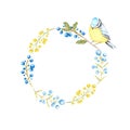 Autumn leaf, berries and Tomtit birds Frame isolated on a white background. Watercolor Bird BlueTit sitting on the