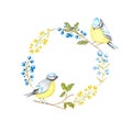 Autumn leaf, berries and Tomtit birds Frame isolated on a white background. Watercolor Bird BlueTit sitting on the