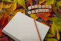 Autumn leaf composition, notebook. Royalty Free Stock Photo