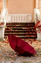 Autumn leaf fall. Red and yellow leaves on the destroyed old stone steps burgundy marsala color umbrella Royalty Free Stock Photo