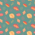 Autumn leaf floral seamless pattern. Yellow red leaf on dusty blue background. Fall leaf crayon handdrawn illustration