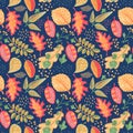 Autumn leaf floral seamless pattern. Yellow red leaves on dark blue background. Fall leaf crayon handdrawn illustration.