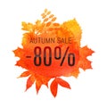 Autumn leaf foliage watercolor. Autumn sale - 80 off . Fall sale. Web banner or poster for e-commerce, on-line cosmetics