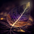 Autumn leaf with glowing veins on dark background. Royalty Free Stock Photo