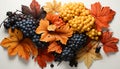 Autumn leaf, grape, pumpkin, rowanberry nature vibrant dessert generated by AI