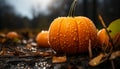 Autumn leaf, pumpkin, nature season Halloween close up outdoors generated by AI