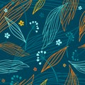 Autumn leaf seamless pattern. Vector illustration, pattern, background for textiles, wrapping paper, fabric. Orange, yellow, blue