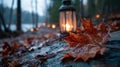 Autumn Leaf-Autumn scene: fallen leaf, lantern, and candle lights in forest environment Royalty Free Stock Photo