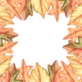 Autumn leaf square frame. Watercolor vintage illustration. Isolated on a white background. Royalty Free Stock Photo