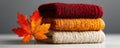 Autumn Leaf with Stack of Warm Fabrics Royalty Free Stock Photo