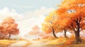 Serene Autumn Landscape: Vibrant Leaves, Soft Brush Strokes